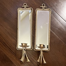 Vtg Gold Metal Twisted Rope Bow Tassel Mirror Wall Sconce Hollywood Regency Set picture