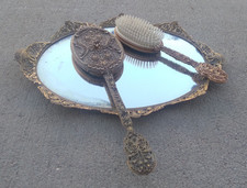 Antique Victorian Filigree Gold Guilt Vanity Set Hand Mirror Hairbrush Tray picture