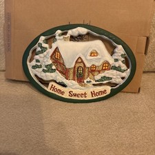 Vintage HOME SWEET HOME Metal Trivet Plaque w/ Winter Holiday Scene Handpainted picture
