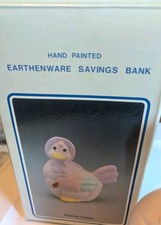 Vintage Hand Painted pastel patchwork ceramic coin bank NIB Chicken shaped picture