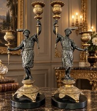Antique French Orientalist Blackamoor Patinated Spelter Bronze Candelabra Pair picture
