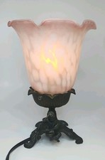 VTG Andrea By Sadek Tin Chi Bronze Table Lamp Frosted Pink & White Trumpet Shade picture