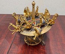 12 Vintage Spanish Toledo Brass Sword Cocktail Picks & Stand Set - Enamel Detail picture