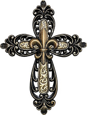 Top Brass Tuscan Fleur De Lis Layered Wall Cross Decorative Scrolly Details - picture