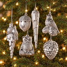 Rustic Silver Woodland Christmas Ornaments Owl Bird Pinecone Acorn Glitter Set 6 picture