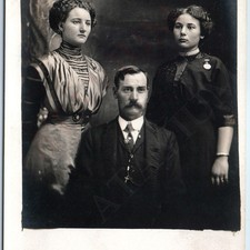 c1910s Three Family Members Portrait RPPC Postcard Man & Women Edwardian Fashion picture