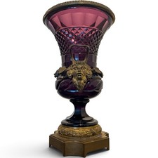 Antique Baccarat Amethyst Glass Bronze Ormolu Satyr Handle Face Case Urn picture
