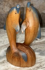 Vintage Hand Carved Wooden Dolphin Sculpture- Coastal Nautical Beach House Decor picture