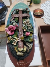 Vintage 1938 Greek Orthodox Crucifix Clay Floral  Sculpture on Wood Plaque picture