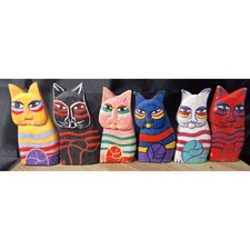 Vintage Laurel‎ Burch Style Cat Lot Hand Painted Wooden Cat Figurines Set of 6 picture