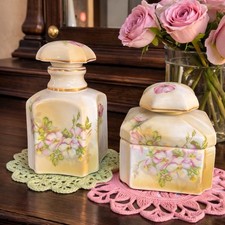MINT VTG Nippon Hand Painted Porcelain Vanity Set Powder Jar & Perfume Bottle picture