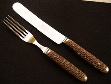 Vintage Hibbard Spencer Bartlett & Co. OVB Matching Brown Bone Knife & Fork Exc. picture