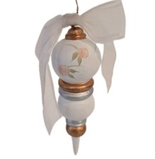 Vtg Hand Painted Wood Turned Spindle Ornament Decor Handmade White Gold Rose 6