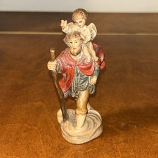 Vintage St. Christopher with Child Wooden Carved Statue By Franco Italy 4.5” picture