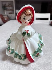 Vintage Relpo Ceramic Christmas Girl Planter With Holly Red Hooded Cape 6024 picture