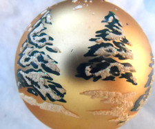 Vintage Christmas Ornament - KREBS MERCURY GLASS GOLD BALL w/TREES & GLITTER- 3