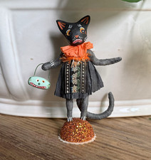 Charming Handmade Spun Cotton & Clay Halloween Black Cat Figurine picture