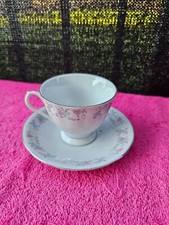 FTDA Tea Cup & Saucer Pink Blue & White Flowers With Platinum Trim Vintage 1986 picture
