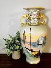 Vintage 16” Large Nippon Hand Painted Sailboats Ships Ocean Harbor Sunset Vase picture