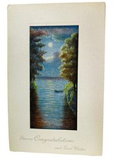 Vintage Postcard Lake Blue Sincere Large Wide Border Wishes 1 cent G  Boat Sunse picture