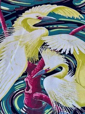RARE 1940’s Egrets on SWIRL Miami Beach Art Deco  Birds Barkcloth Vintage Fabric picture