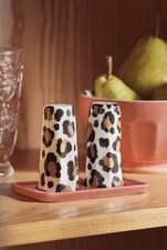 Anthropologie Chintzware Leopard Stoneware Salt Pepper Shakers & Tray Set NEW picture