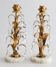 Pair Vintage Italian Gold Gilt Tole & Crystals Candlesticks Marble Bases 13.5