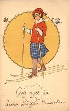 New Year's Girl in Winter Outfit Winter Scene c1910s-20s Vintage Postcard picture