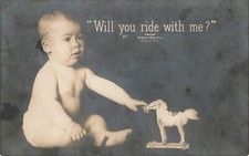 BABY BOY WITH TOY HORSE ON WHEELS PHOTO POSTCARD ROCHESTER NY NEW YORK 1910 RPPC picture
