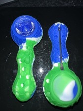 GREEN/BLUE SILICONE SMOKING PIPE W/ GLASS NINE HOLE BOWL picture