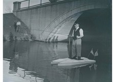 1920s Novelty Stand Up Pontoon Watercraft Fisherman Odd Boat Glass Negative OOAK picture