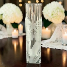 Rare Vintage Aseda Square Crystal Vase Sweden Etched Iris Art Deco 9.25