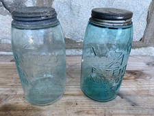 Two Antique Blue Glass Mason Jar Pat 1858 #519 Hero Cross & #239 Pat Nov 1867 picture