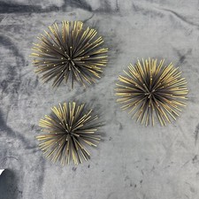 VTG Set 3 MCM Sea Urchin Wall Deco Brass tone Metal Spikey Atomic Era Décor 70s picture