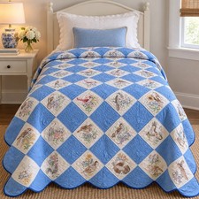 Vintage Handmade Patchwork Quilt State Birds Embroidered White Blue Scallop Edge picture