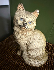 Vintage Ceramic Sitting Cat Figurine White Distressed Blue Eyes picture