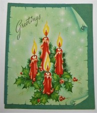 #91 VTG 1930-1970s DECO GREETING CARD CHRISTMAS DIE-CUT CANDLES HOLLY & BERRIES picture
