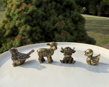 Miniature Brass Animal Figurines Set - Highland Cow, Lamb, Duck and Sparrow picture