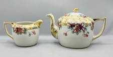 Antique Hand Painted Nippon Floral Raised Gold Teapot With Lid and Creamer picture
