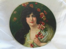 Gorgeous Young Woman Dark Hair Flower Garland Victorian flue cover German Litho picture