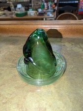 Vintage Green Glass Bottoms Up Shot Glass & Coaster Set - McKee Style Female picture