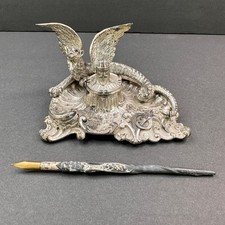 Antique 1898 St. Louis Veiled Prophet VP Dragon Like Inkwell and Pen VHTF picture