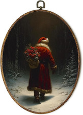 Moody Christmas Santa Oval Wall Art Framed, Dark Academia Santa Claus Flower Can picture
