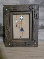 Navajo sand art painting. Frame with turquoise stones. Sand Art collection. picture