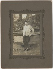 Mustache Man in Workman Cap Checked Shirt Wood Bin 1910s Original Mounted Photo picture