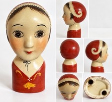 Vintage Art Deco Flapper Girl Ceramic Head Figurine Red Cloche Hat Hand 6” picture