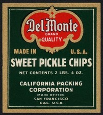 Vintage label DEL MONTE Sweet Pickle Chips California Packing San Francisco picture