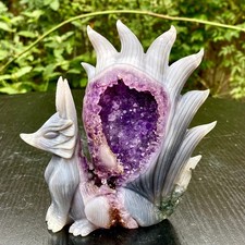 1.4LB  Natural Agate Geode Hand Carved Nine-tailed Fox Quartz Crystal Decor picture