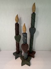 Primitive Wooden Candlestick Set of 3 Hearts Stars Rustic Country Folk Art Decor picture