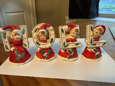 Vintage Japan Ceramic Christmas NOEL Girls In Holly Red Dresses Santa Hats Lette picture